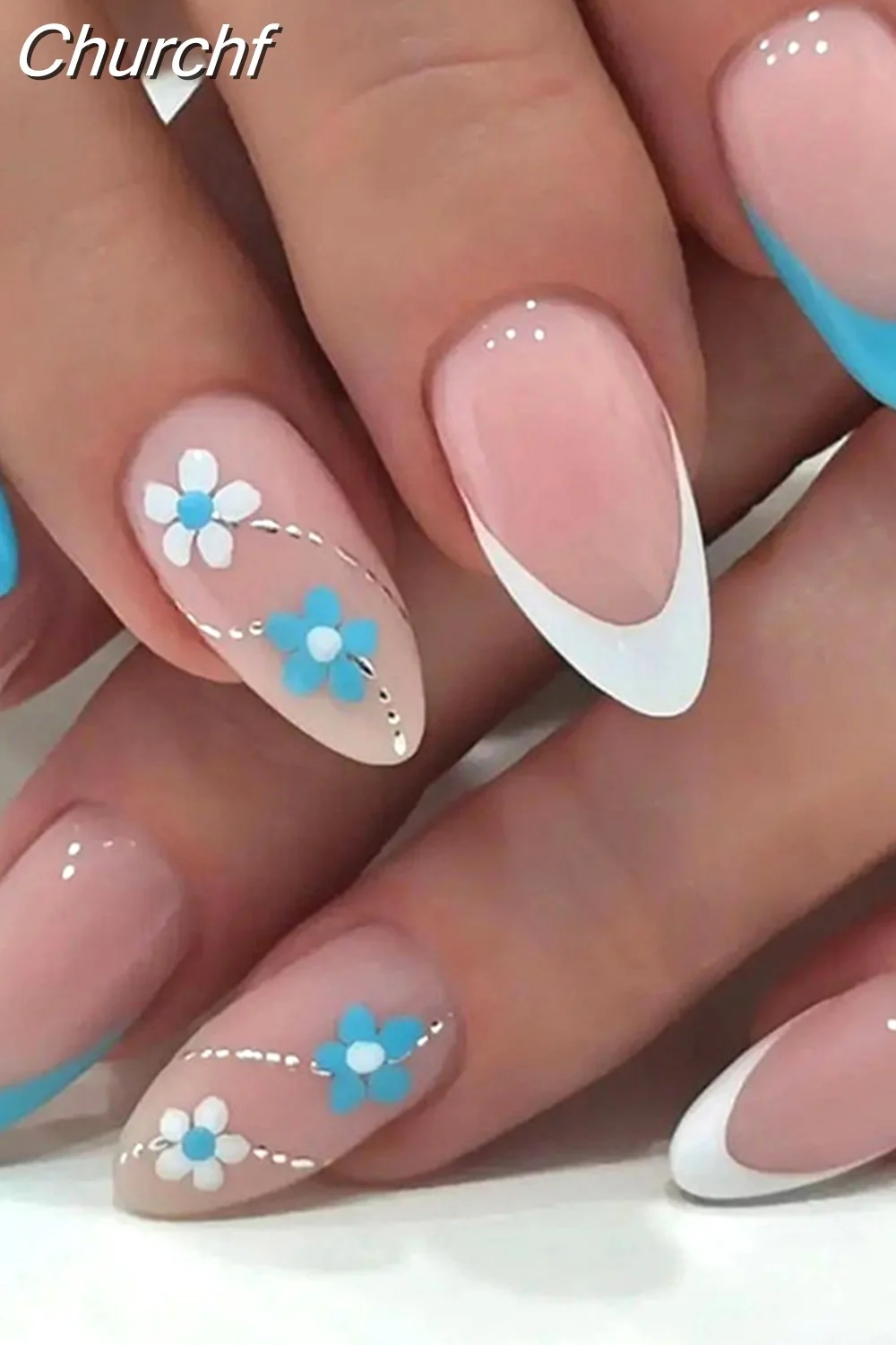 Churchf Short Almond Black Flower False Nail Finished Nail Patches French Stiletto Fake Nails Full Cover Nail Tips Press On Nail-Nail Inspo