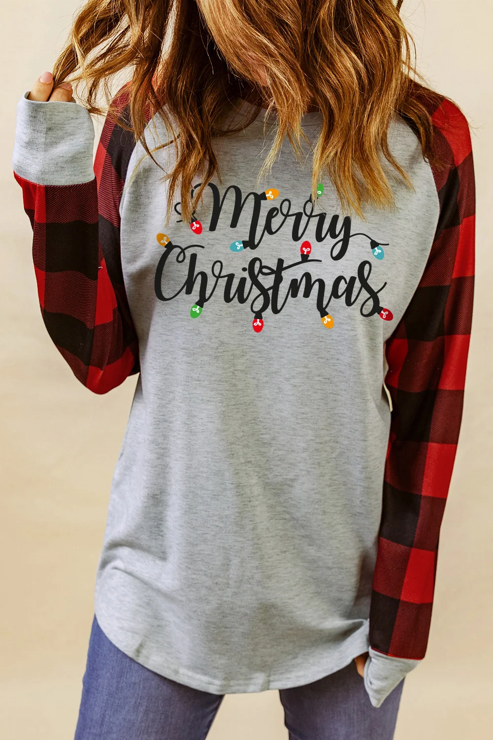 Gray Merry Christmas Plaid Color Block Long Sleeve Sweatshirt | IFYHOME