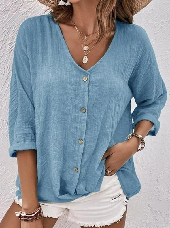 Cotton and Linen Comfortable Button V-neck Long Sleeve Top