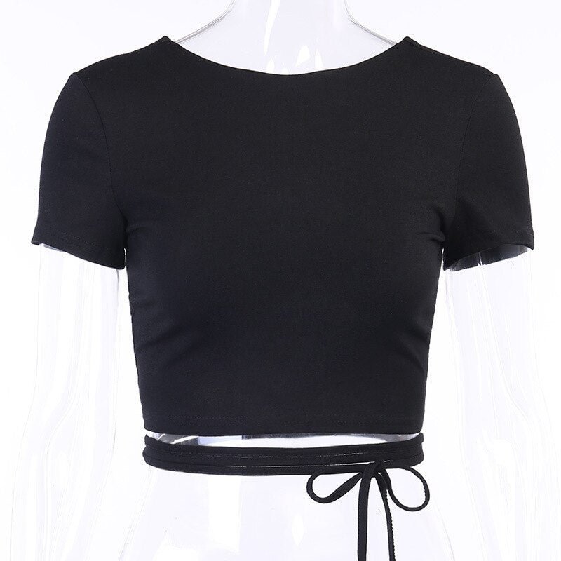 cotton lace up cross women t shirt crop top short sleeve backless bodycon sexy streetwear club party clothes elegant tee