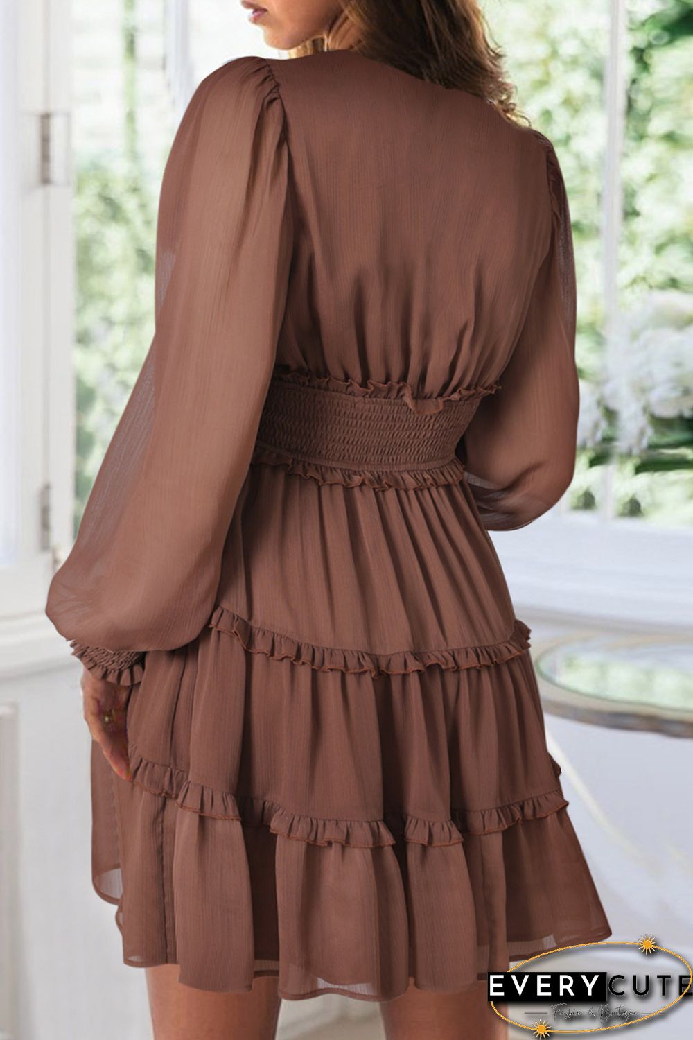 Brown Frill Smocked Detail Sheer Long Sleeve Dress