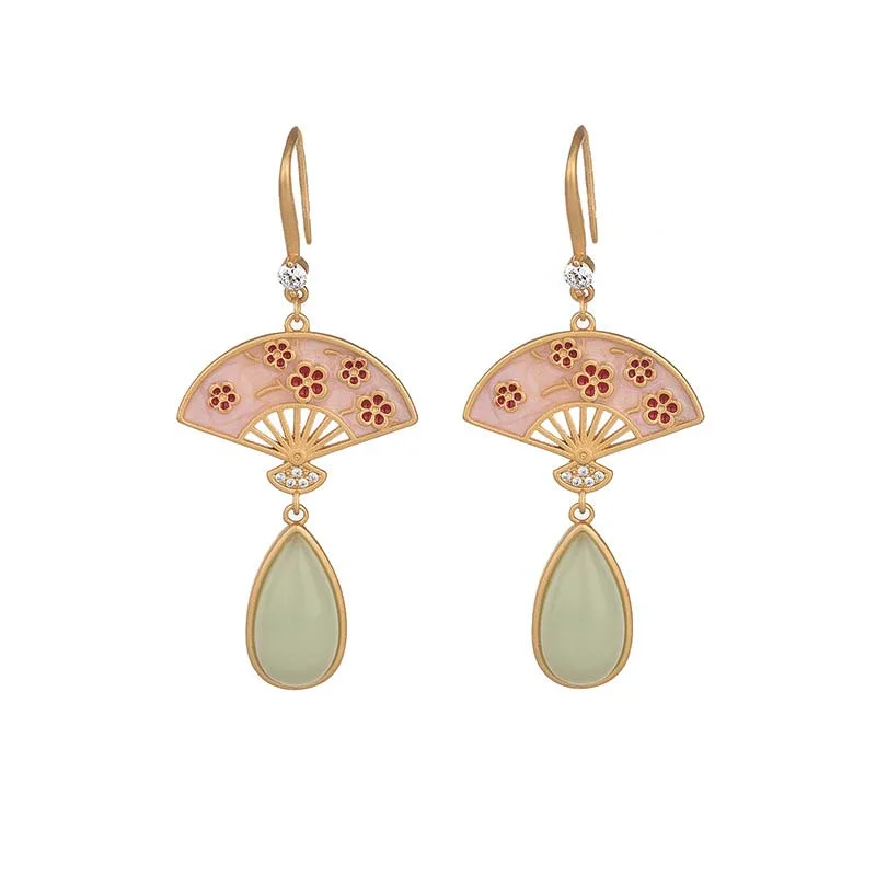 Green Aventurine Fan Pattern Luck Drop Earrings