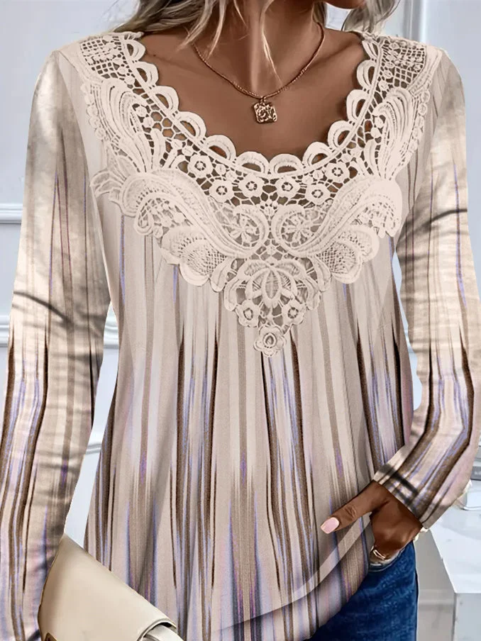 Women's Long Sleeve Scoop Neck Striped Printed Lace Stitching Top
