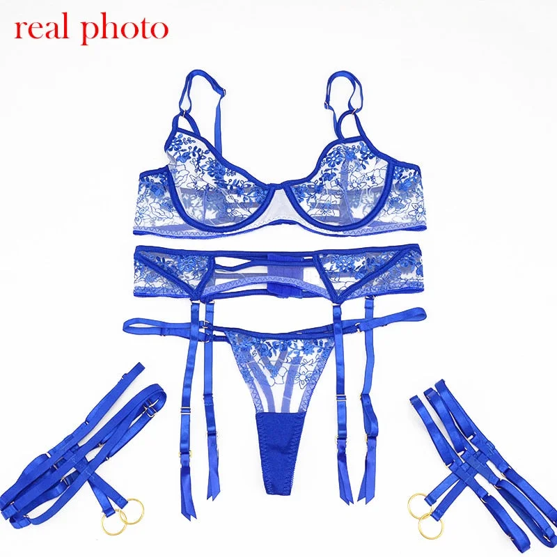 Ellolace Erotic Lingerie Embroidery Intimate Underwire Women's Underwear Blue Kiss Sexy Transparent Brief Garters Bra Breves Set