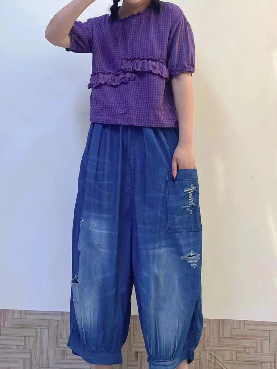 Women's Large Size High Waist Loose Wide Leg Ripped Denim Cropped Pants