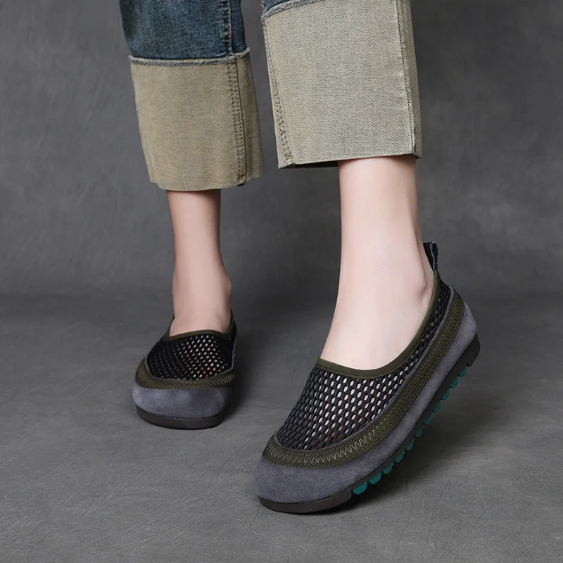 Yyvonne Layer Of Cowhers Retro Breathable Net Bean Shoes Women Spring And Summer New One Foot Pedal Comfortable Flat Sole Leisure Single Shoes