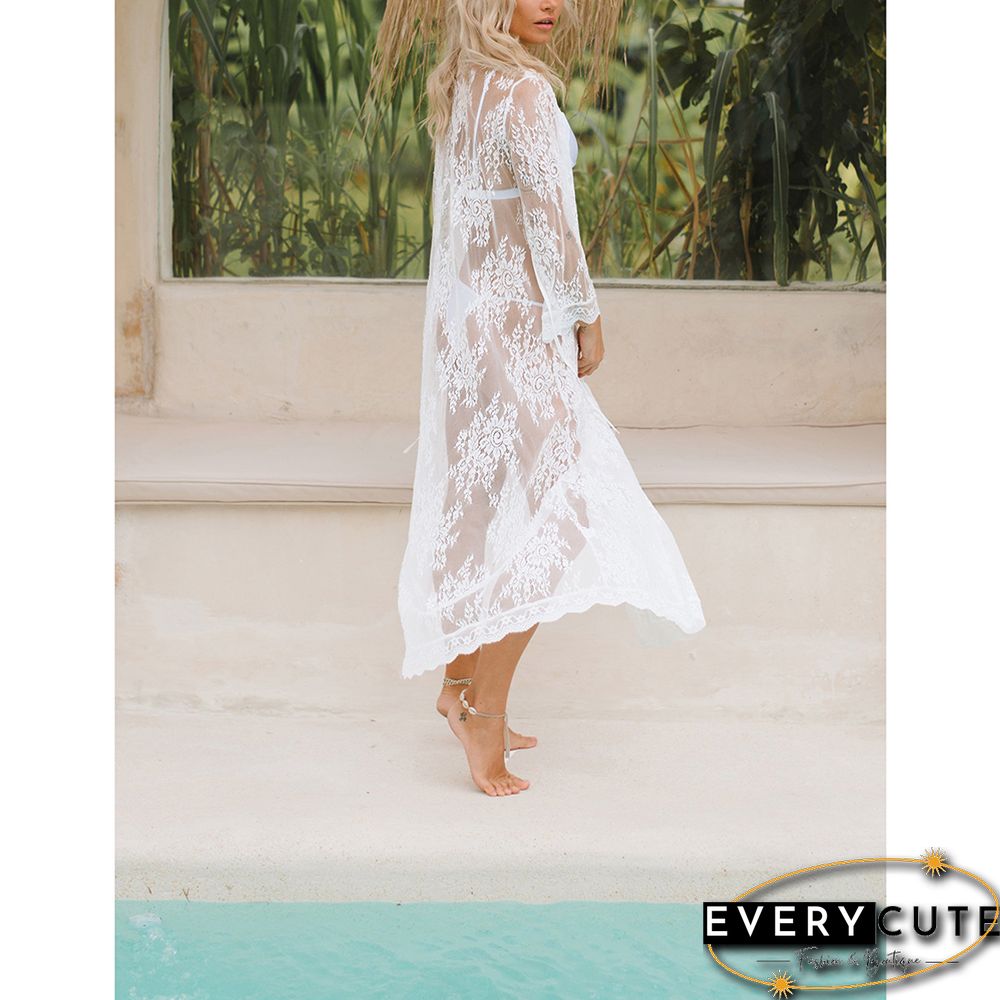 White Floral Mesh Lace Beach Cover up