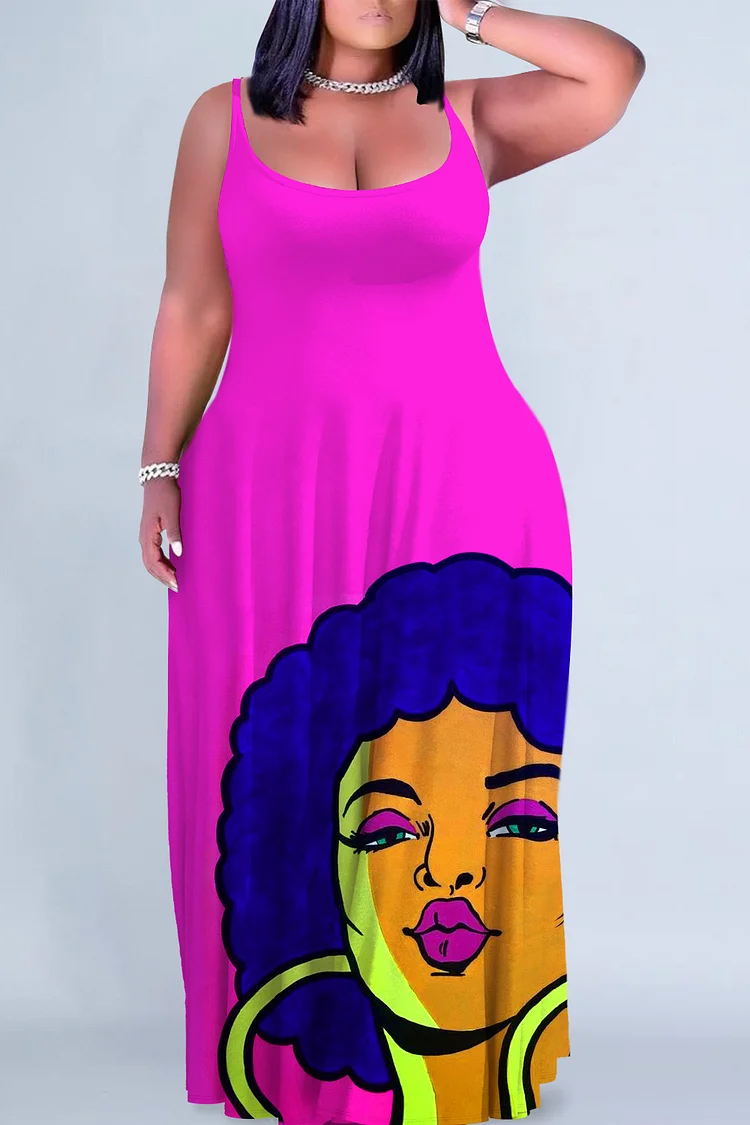 Plus Size Casual Sundress Magenta Portrait Print Cami Maxi Dress