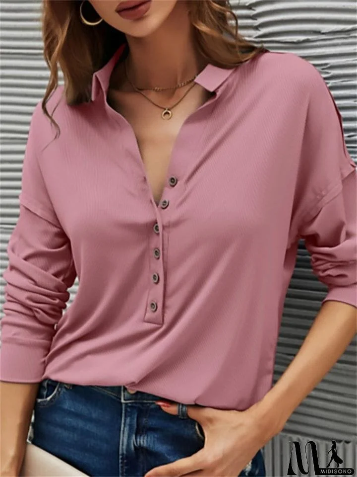 MidiSono - Women's Spring V Neck Button Design Pullover Slim Fit Blouses