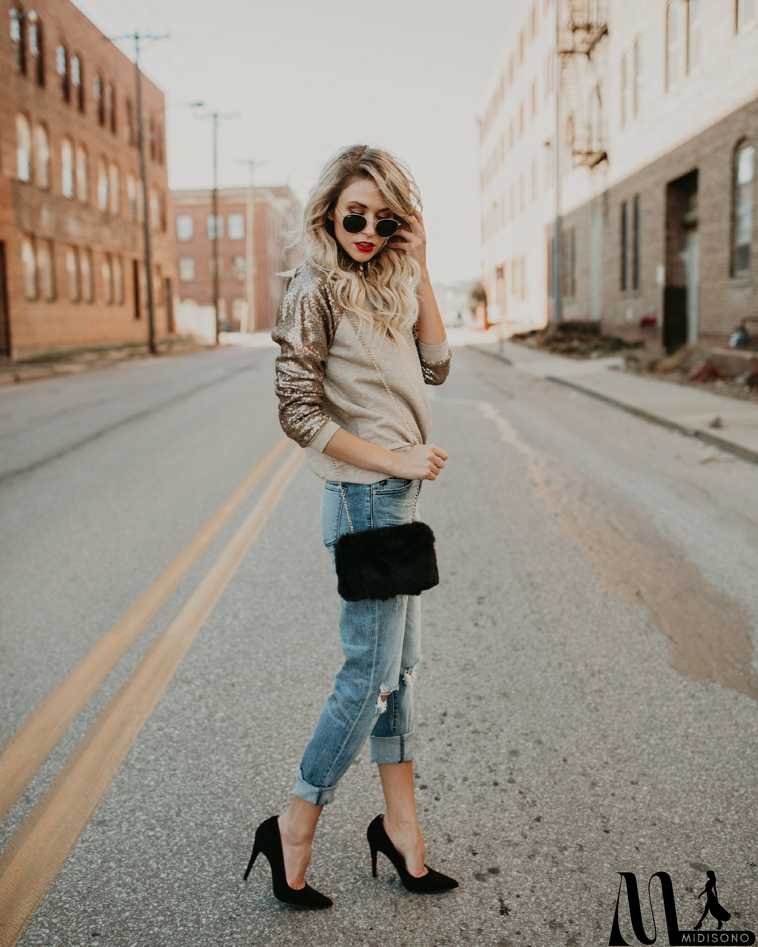 MidiSono - Fashion Round Neck Sequined Long-Sleeved T-Shirt