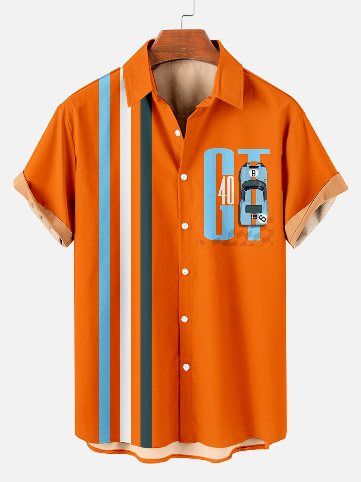 Retro Racing Contrast Stripe Print Short Sleeve Bowling Shirt PLUSCLOTHESMAN