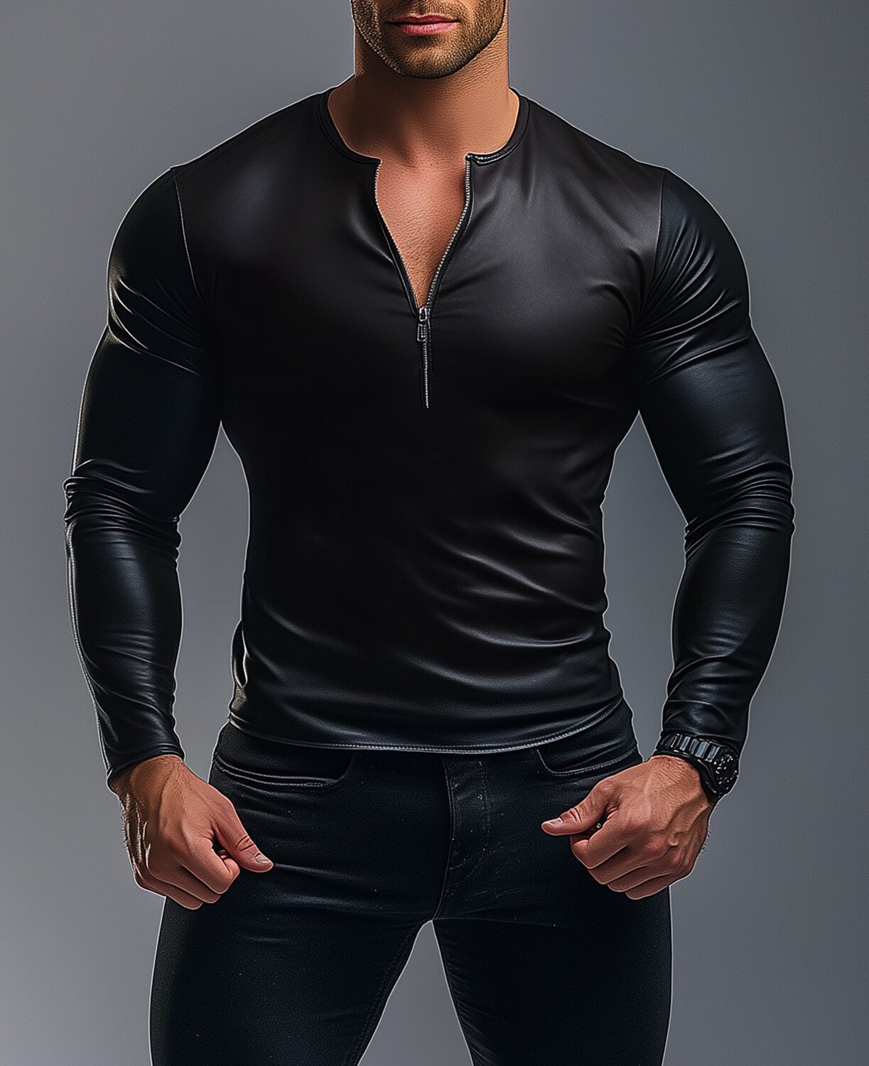 Okaywear PU Leather Half Zip Long Sleeve Shirt