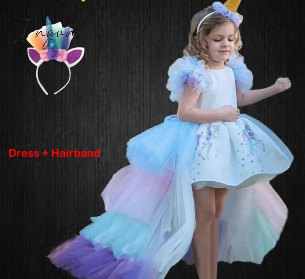 Ingvn - Christmas Girls Unicorn Dress With Long Tail + Wings Wig Hairband Baby Girl Princess