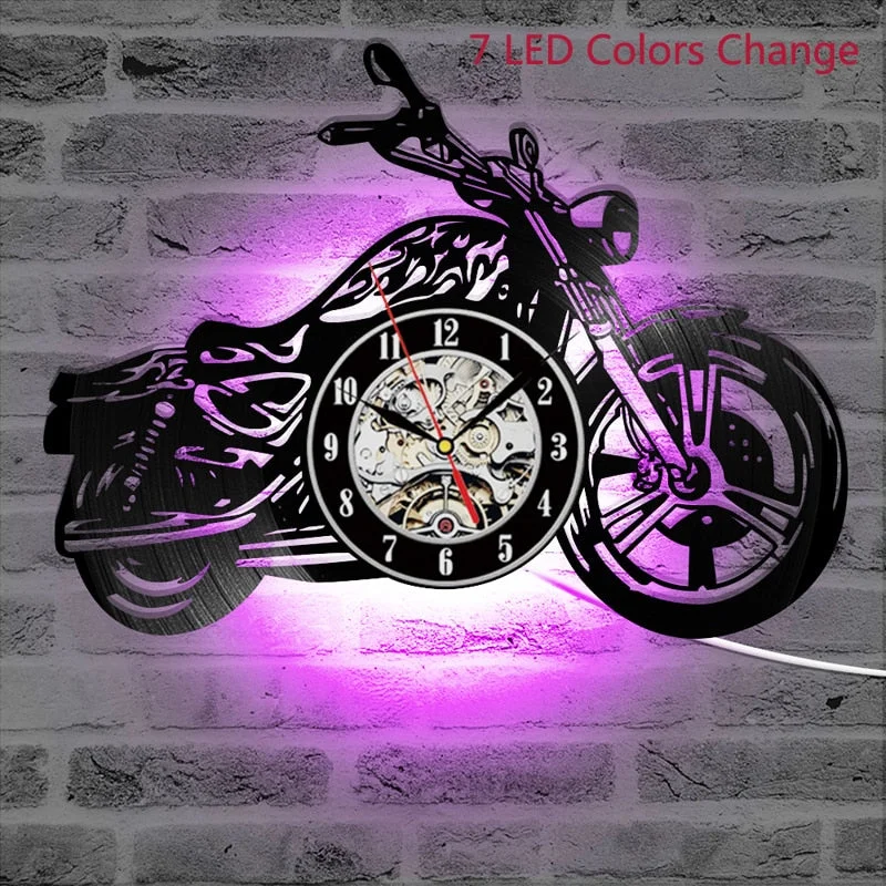 3D Wall Clock with LED Luminous Motorcycle Shape Motorcycle Rider Vinyl Record Clock Wall Motorcycle Watch Home Decor