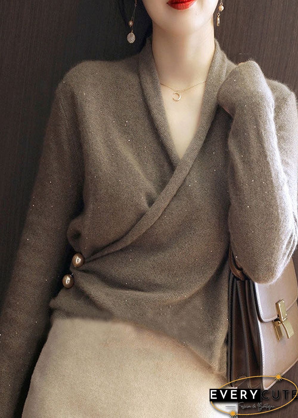 Modern Chocolate V Neck thick Cashmere Knitted Sweater Tops Long Sleeve