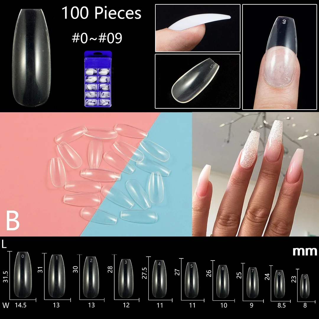 100pcs/set 10 Sizes Full Cover False Nail Tips Ballerina Coffin Fake Nails Square Stiletto French Acrylic Press On Nails-Nail Inspo