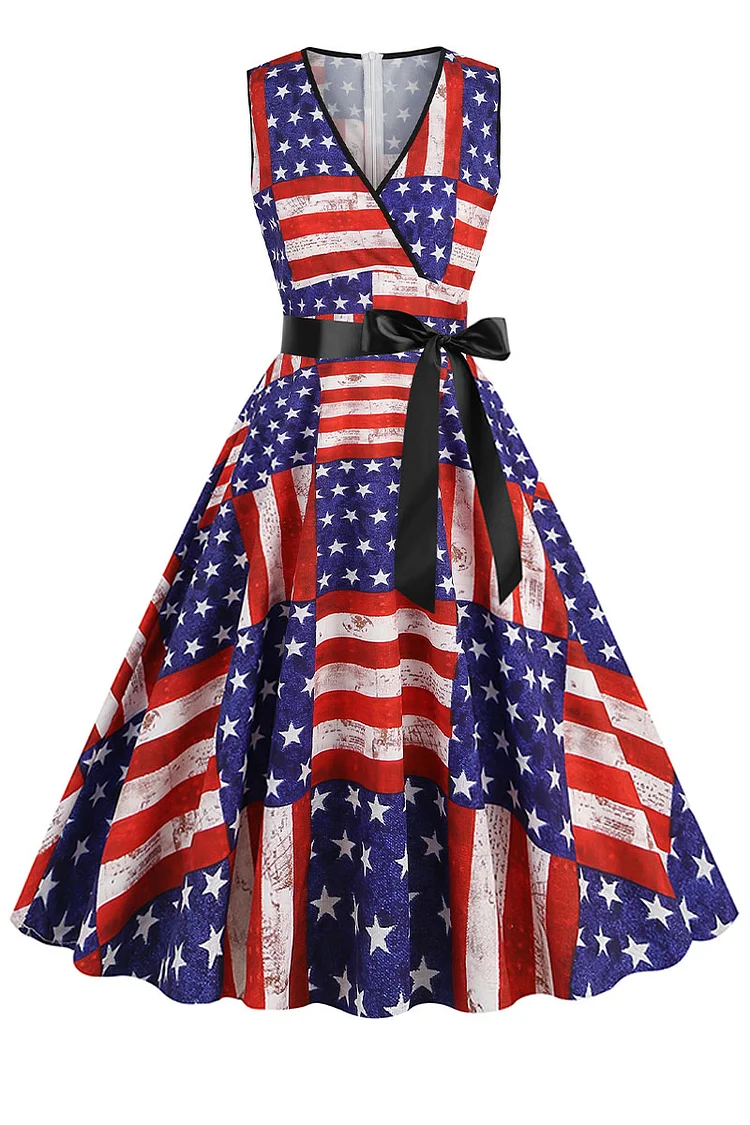 1950s Blue Party American Flag Print Bow Sash Flare Swing Midi Dress