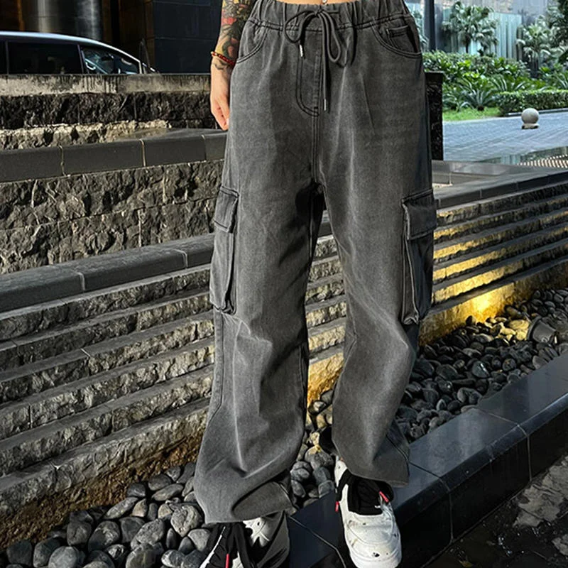 Fashion Women&#39;s Jeans Casual Straight Cargo Jeans Vintage BF Denim Harajuku Y2K Streetwear High Waist Baggy Pocket Trousers