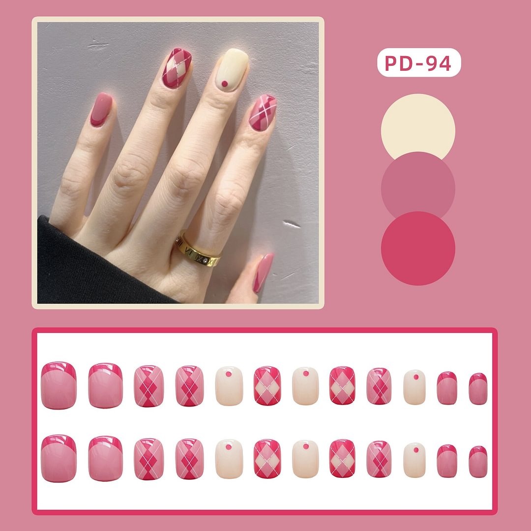 Agreedl False Nail Full Cover Fake Nails With Glue Charm Red Heart Bow Design French Short Nails Coffin Press On Nails Art Tip