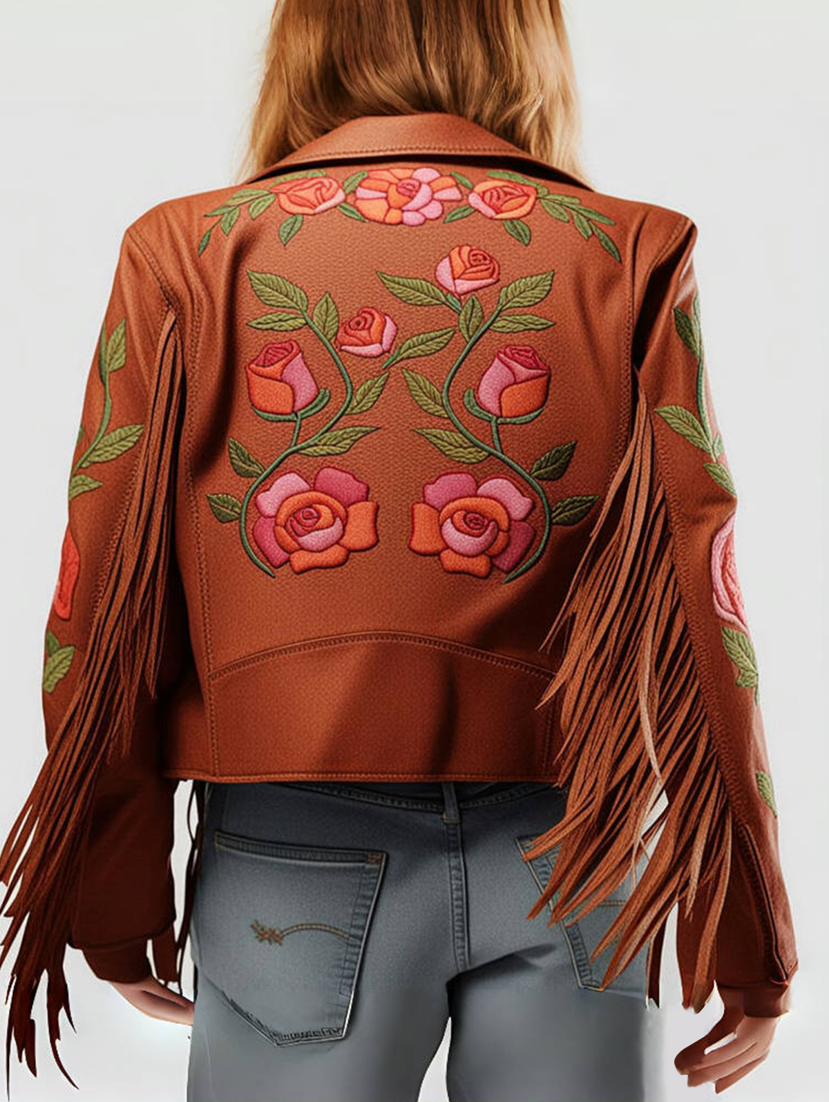 Western Suede Floral Leaves Pattern Fringe Lapel Jacket