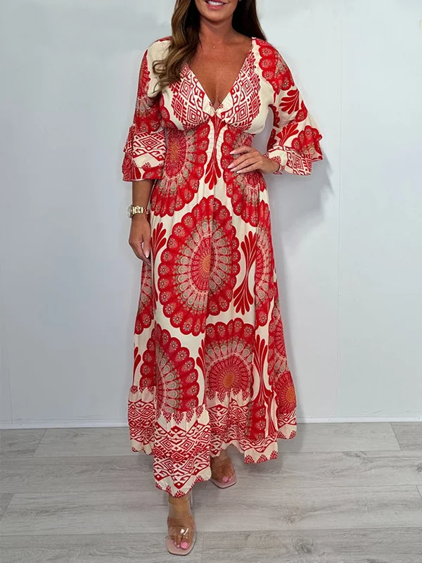 NEW🔥 V Neck Printed Flared Sleeve Elastic Waist Dress