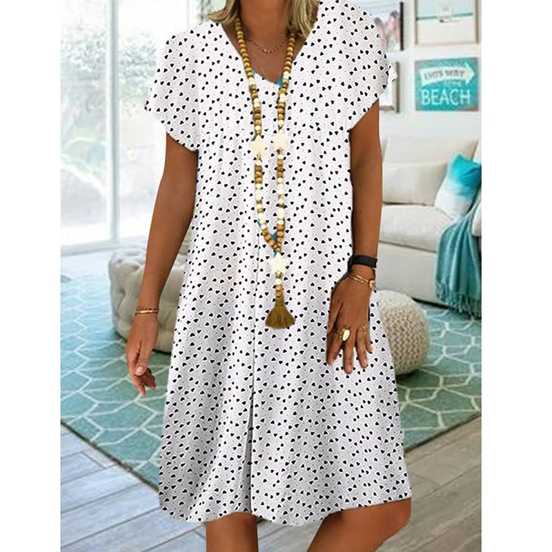 ⚡NEW SEASON⚡Women Casual Short Sleeve V-neck Polka Dot Heart Printed Midi Dress