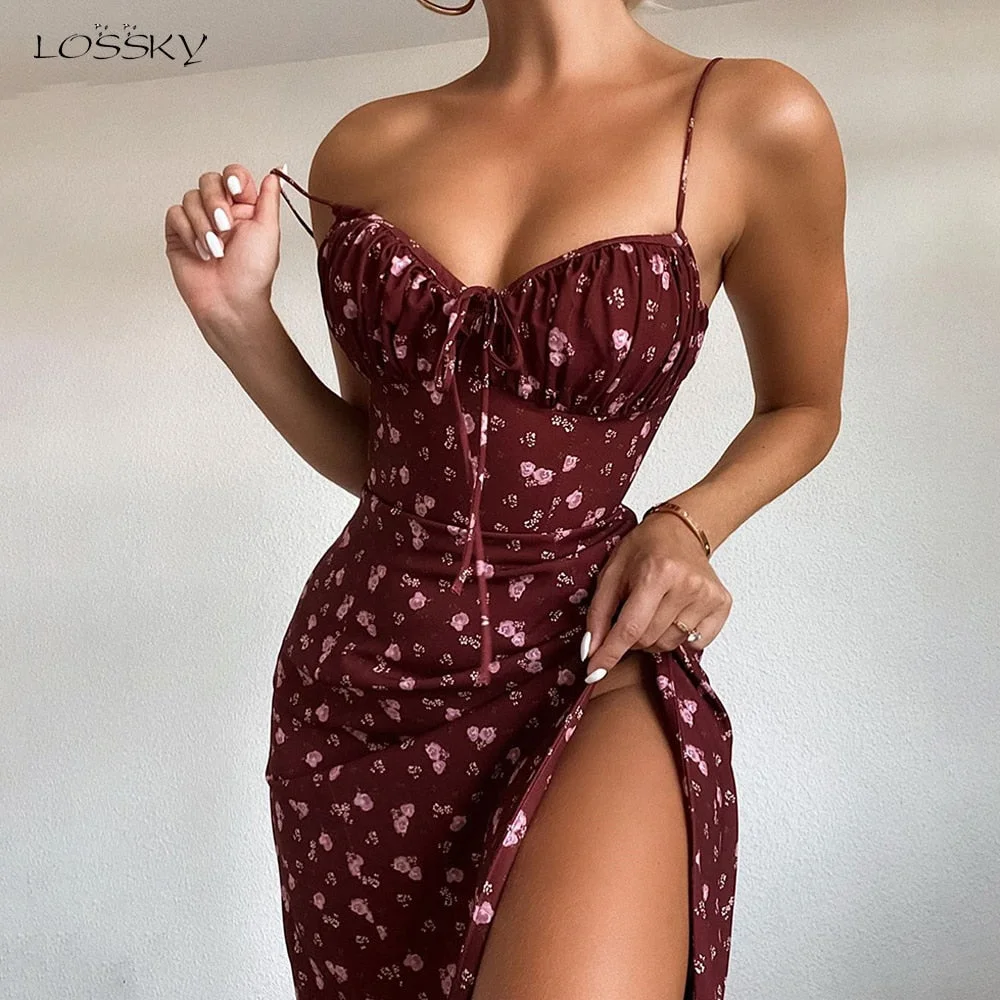 Slip Dress Elegant Fashion Ladies Floral Print One-piece Summer Long Clothes Sexy Backless Split Strap Dresses For Women Party