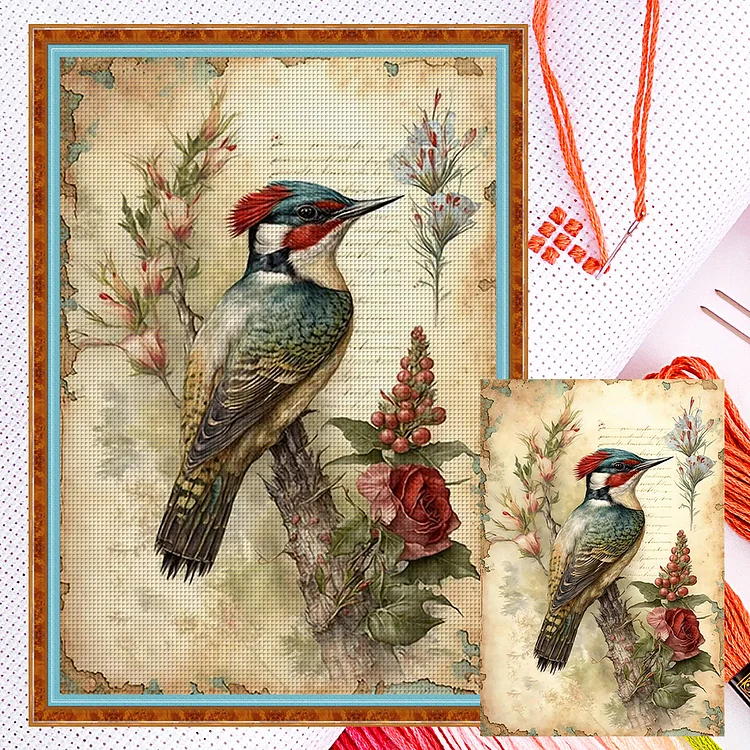 【Huacan Brand】Retro Poster - Woodpecker And Flowers 11CT Counted Cross Stitch 40*60CM