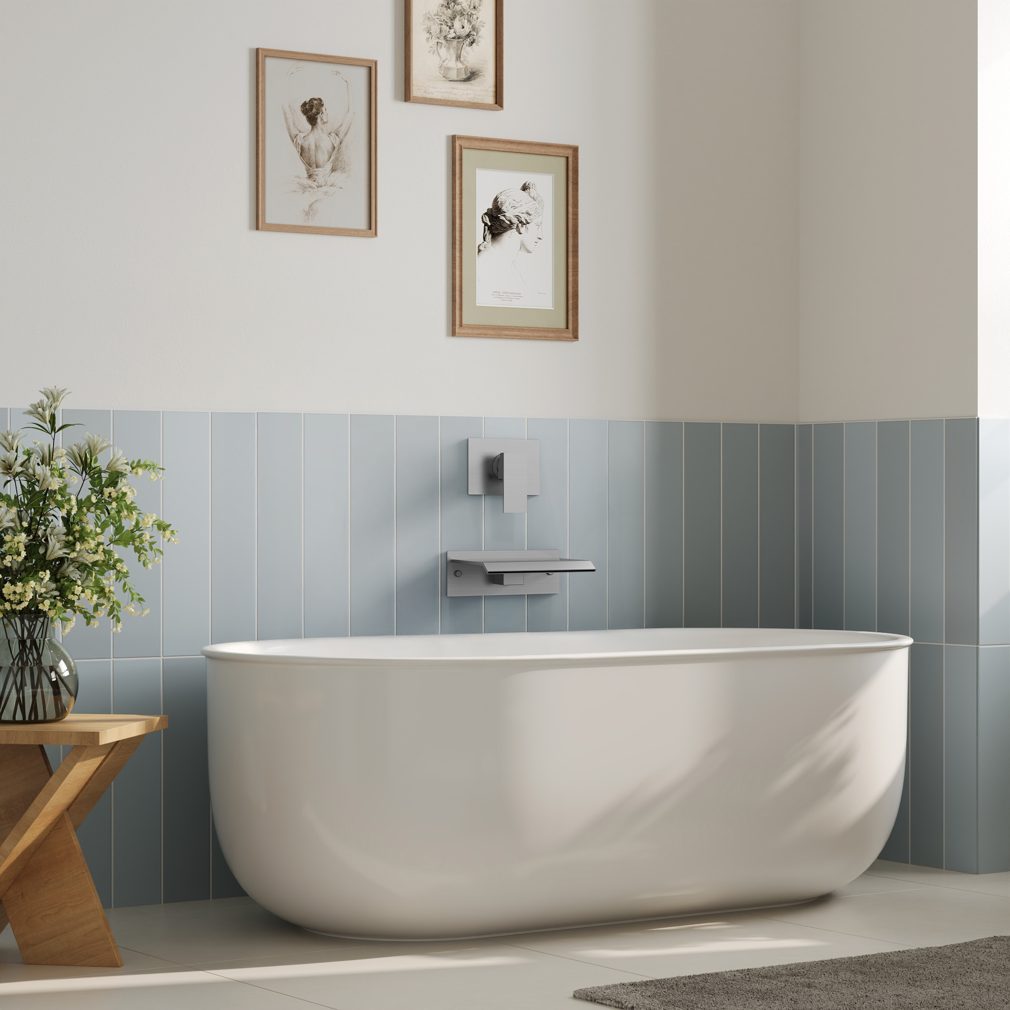 Wall-Mounted Waterfall Bathtub Faucet &ndash; Concealed Installation, Single Handle, High Flow Brass Fixture, Brushed Nickel