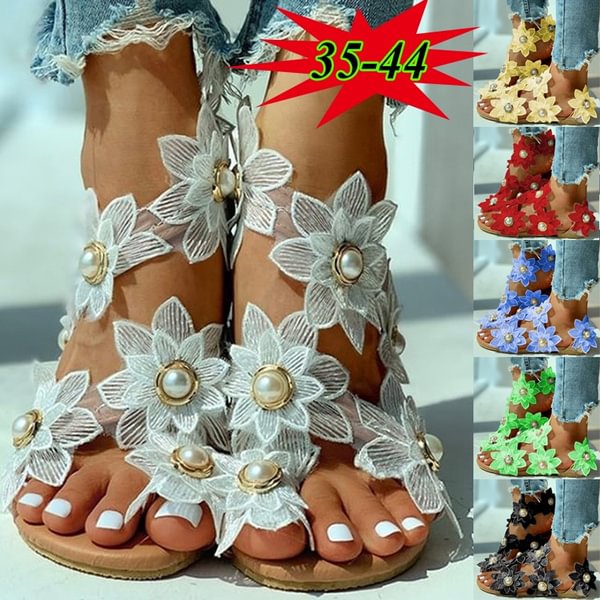 Women Summer Plus Size Sandals Lace Chiffon Pearl Flower Sandals - Shop Trendy Women's Clothing | LoverChic
