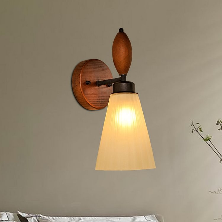 Frosted Glass Conic Wall Mounted Lamp Modern Stylish 1 Light Red Brown Sconce Light with Wooden Backplate