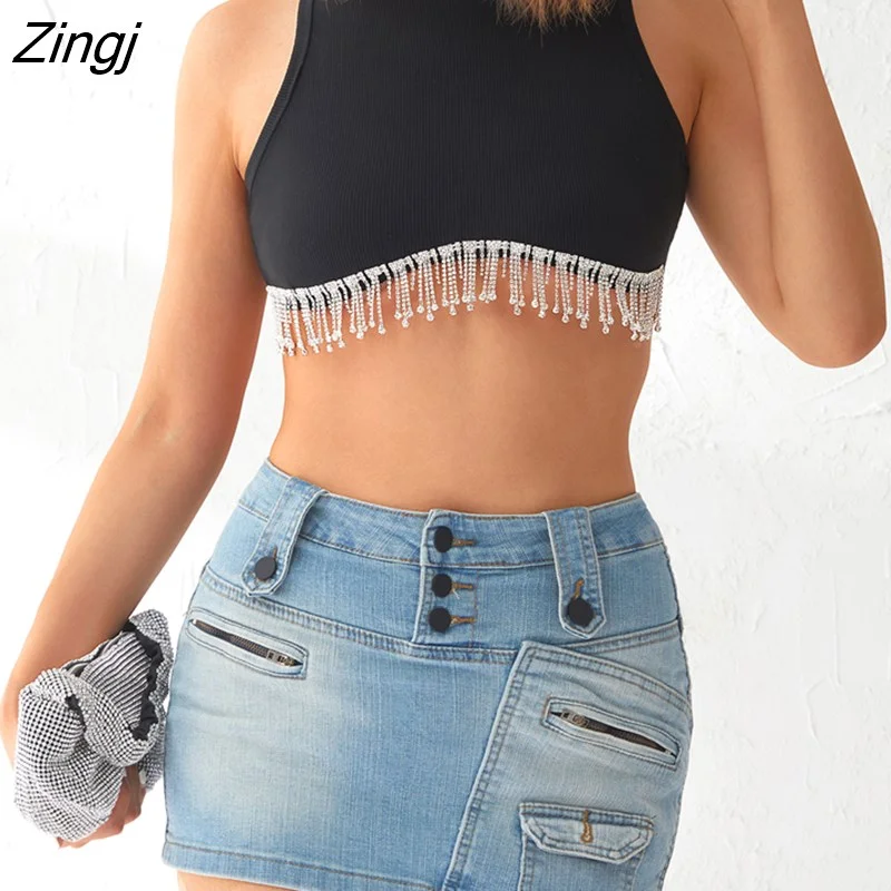 Zingj Women Ribbed Sleeveless Round Neck Crop Tops Rhinestone Tassel Hem Design Solid Color Summer Streetwear Tank Tops