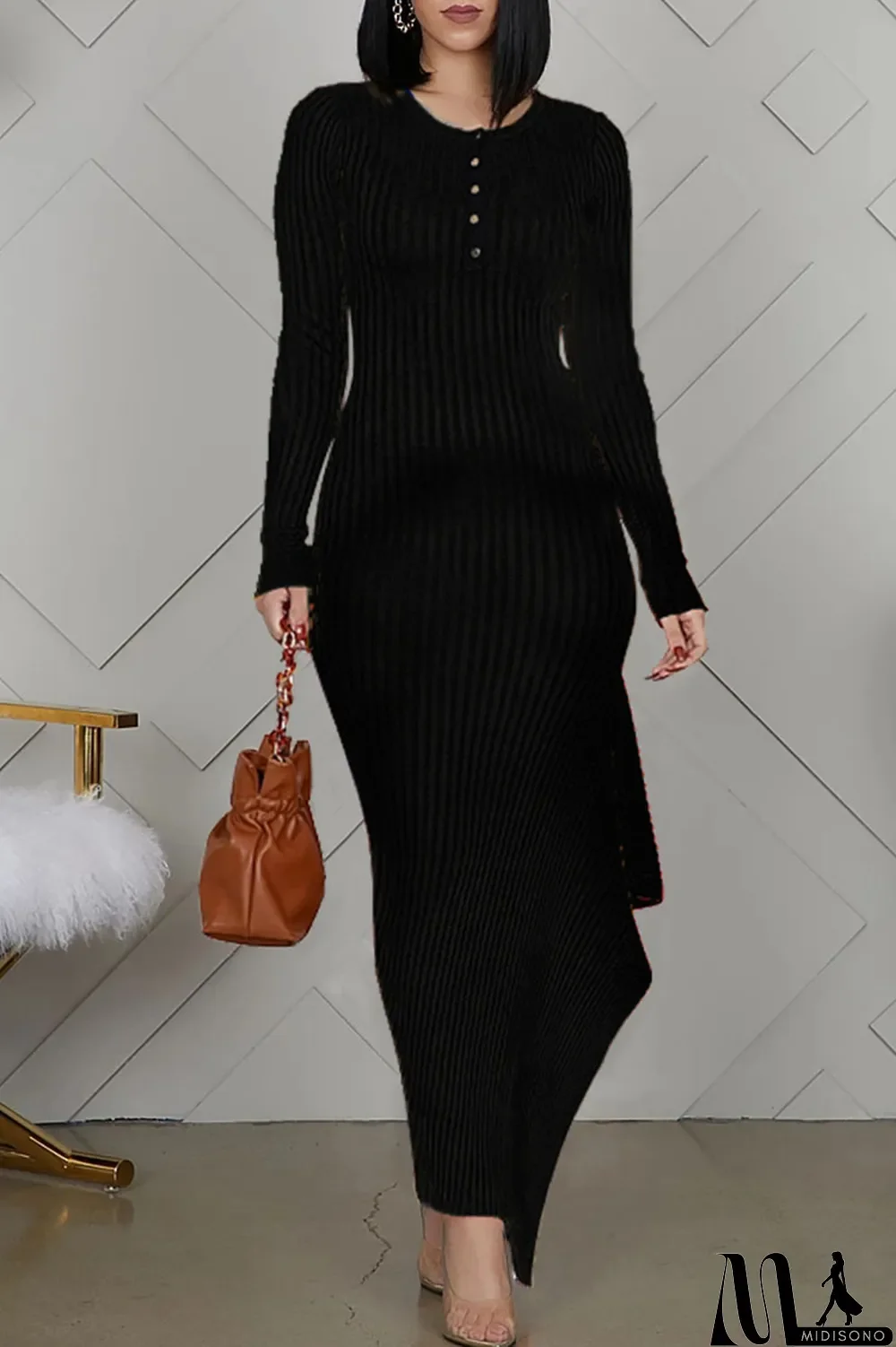 MidiSono - Black Elegant Solid Split Joint Buttons Flounce Asymmetrical O Neck Straight Dresses