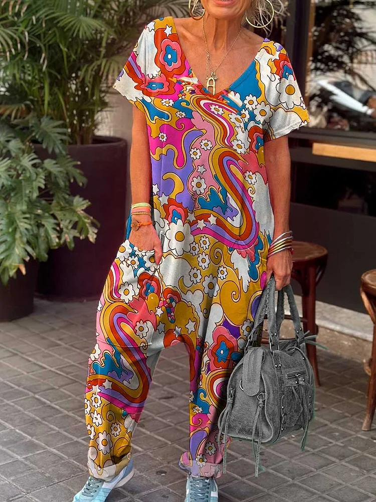 Women's Love Peace Hippie Print Casual 100% Cotton Wide Leg Jumpsuit