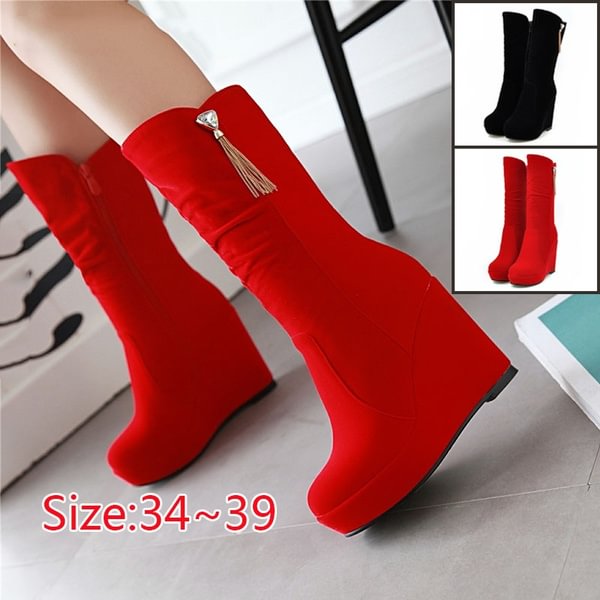 2018 Platform Wedge High Heels Mid Calf Boots Woman Shoes Zip Up Dropship Hot Sale Shoes Woman Boots - Life is Beautiful for You - SheChoic