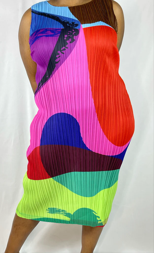 Plus Size Business Casual Multicolor Geometric Round Neck Pleated Midi Dresses [Pre-Order]