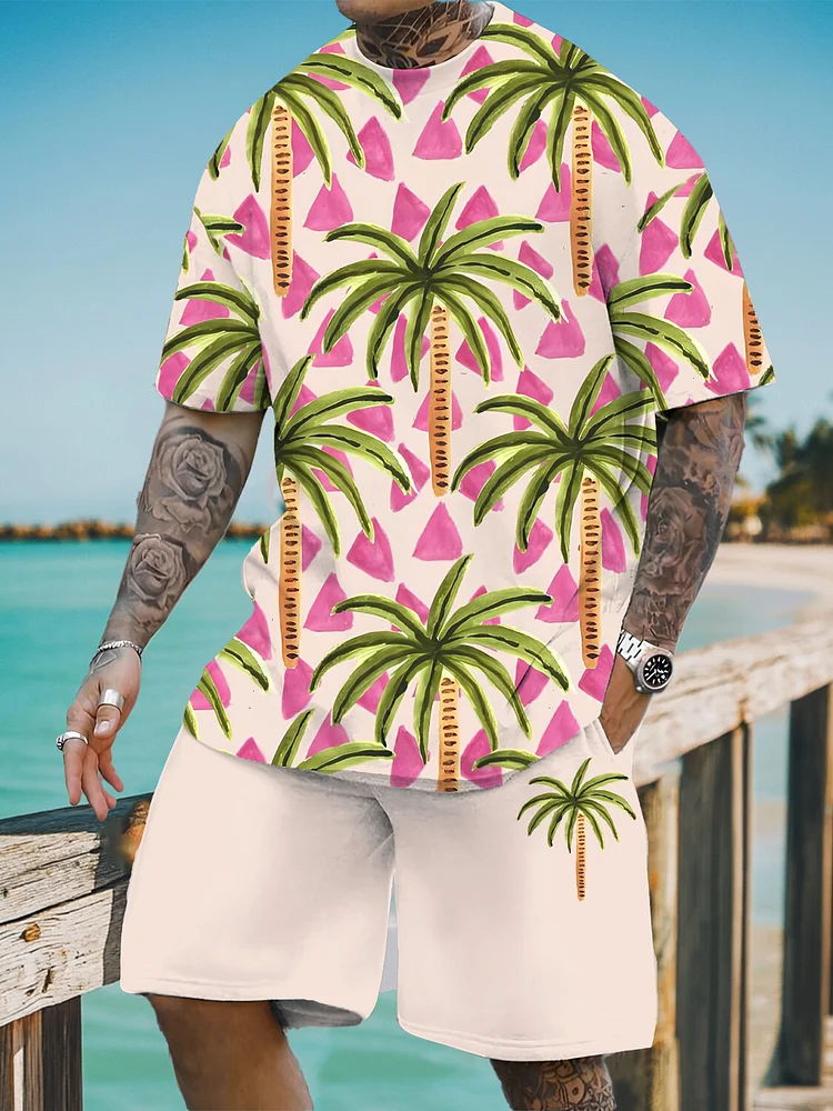 Men's Vacation Coconut Tree Print T-Shirt Shorts Matching Set