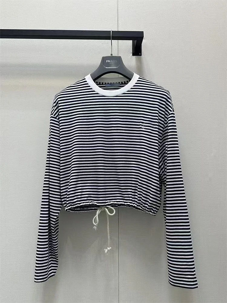 Long Sleeve T-Shirt Embroidered Casual round Neck Women Base Layer Cotton Spring New Striped Cartoon Stitching Lazy Style