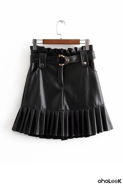 Pleated Belted PU Skirts