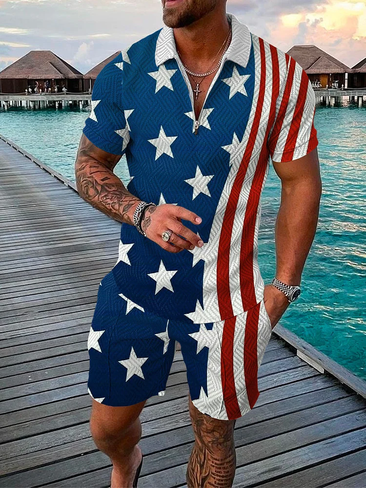 Men's Flag Printed Zip Polo Shirt and Shorts Two-Piece Suits