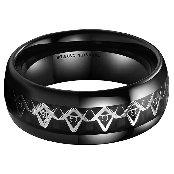 8MM Women's Or Men's Classic Black Tungsten Carbide Rings Masonic Compass Black Carbon Fiber Inlay Comfort