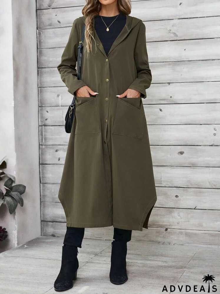 Women's Solid Color Single-Breasted Long Sleeve Hooded Long Casual Jacket With Large Pockets, Spring Autumn