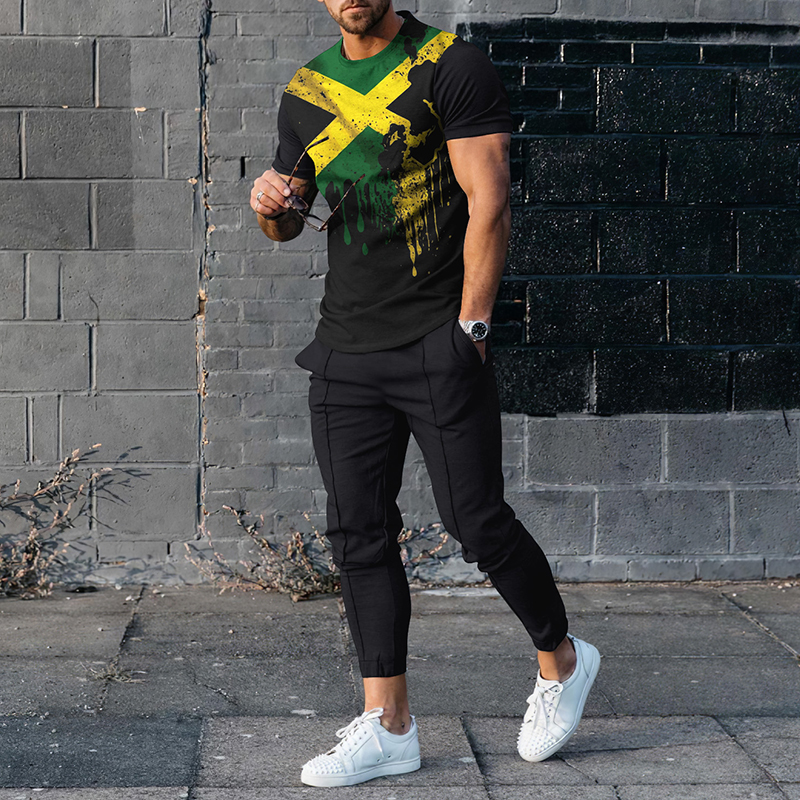 Jamaica State Owned Enterprise Pattern Short Sleeve T-Shirt Two Piece Set wearshes