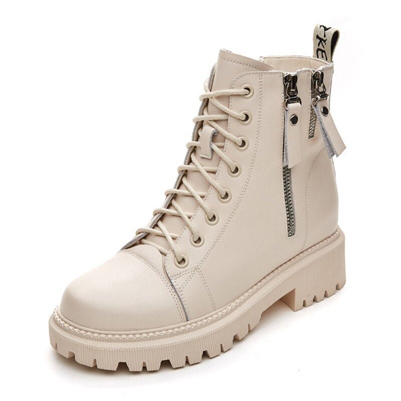 CXJYWMJL Women Genuine Leather Martin Boots Side Zipper Autumn Casual Motorcycle Boots Ladies Thick Bottom Winter Ankle Booties