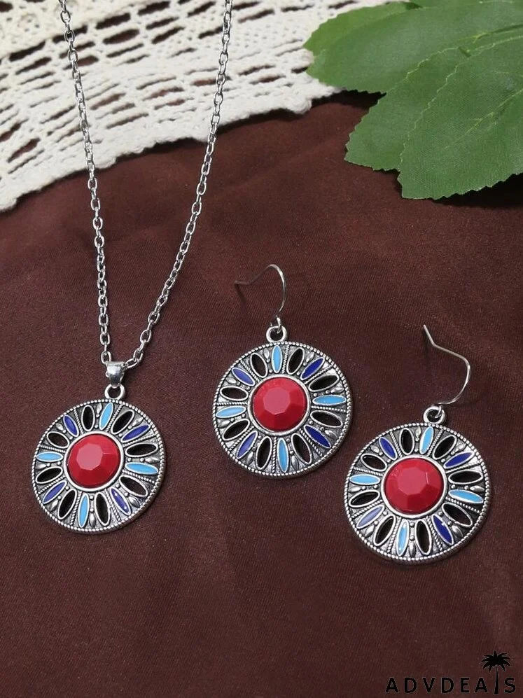 3pcs Gemstone Decor Hollow Flower Jewelry Set