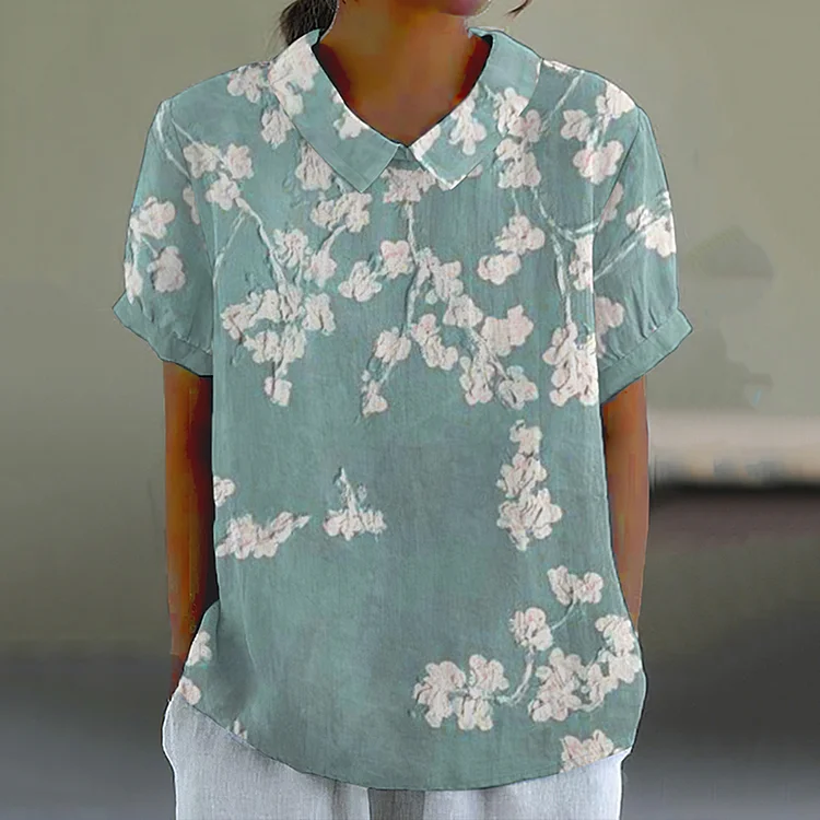 Retro Floral blossom Art Print Casual Cotton Linen Shirt