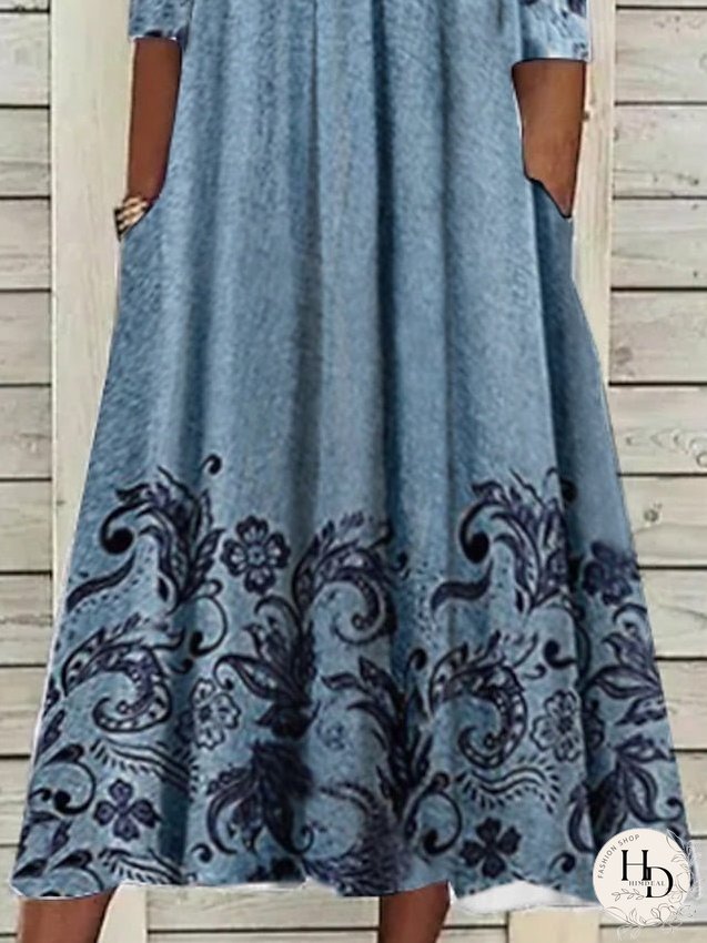 Casual Dress Ethnic Dress Midi Dress Blue Half Sleeve Floral Print Summer Spring V Neck Casual S M L XL XXL 3XL for Women