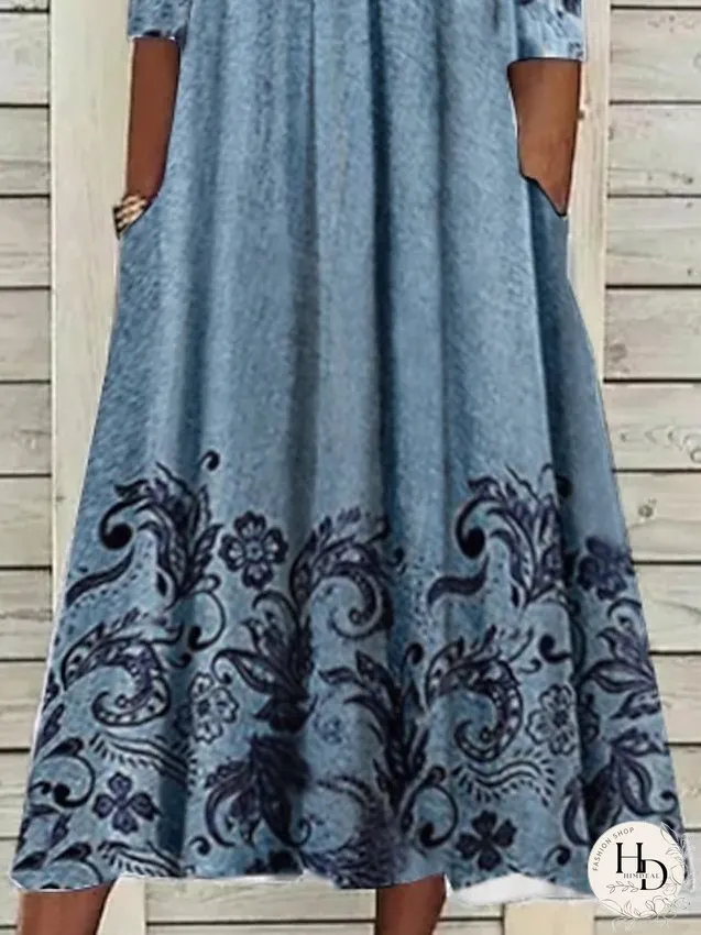 Casual Dress Ethnic Dress Midi Dress Blue Half Sleeve Floral Print Summer Spring V Neck Casual S M L XL XXL 3XL for Women
