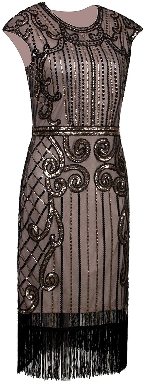 1920s Vintage Inspired Sequin Embellished Fringe Long Gatsby Flapper Dress
