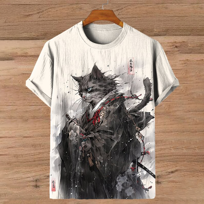 Comstylish Vintage Japan Cat Kimono Samurai Ink Art Print Casual T-Shirt